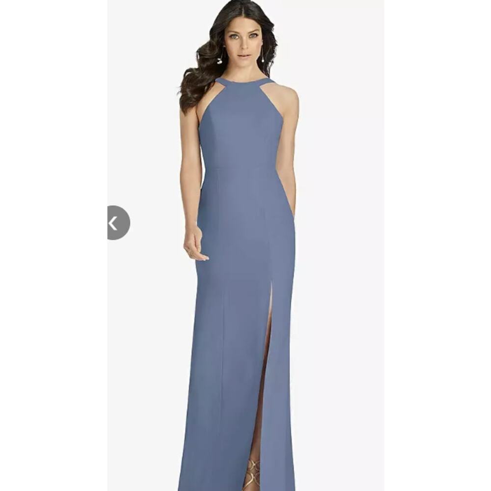 DESSY COLLECTION HIGH-NECK BACKLESS CREPE TRUMPET GOWN LARKSPUR BLUE SZ 8 NWT